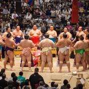 Sumo wrestlers standing in circle at sumo tournament