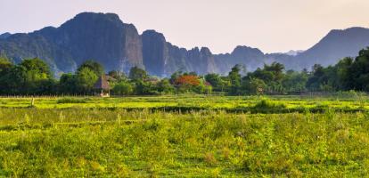 Countryside around Vang Vieng with karst mountains in the background