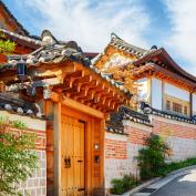 Wooden door entrance to traditional Korean Hanok house