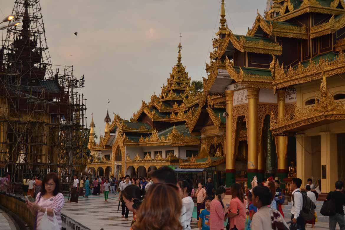 The buildings of Shwedagon just before sunset