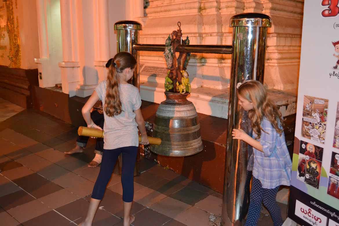Charli and Cait ringing the bell at the pagoda