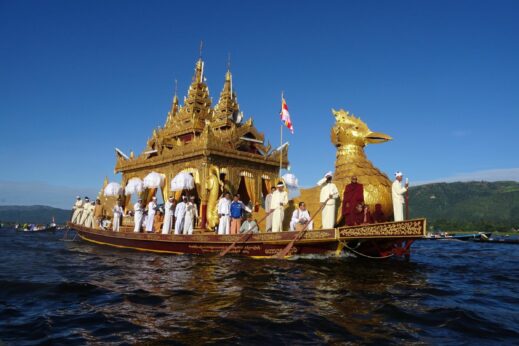 The gilded boat at Phaung Daw Oo Pagoda Festival, Inle Lake Burma (Myanmar)