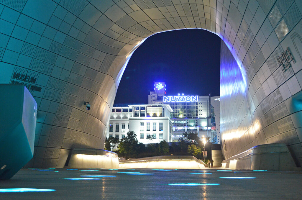 Modern and vibrant architecture with neon lights in downtown Seoul