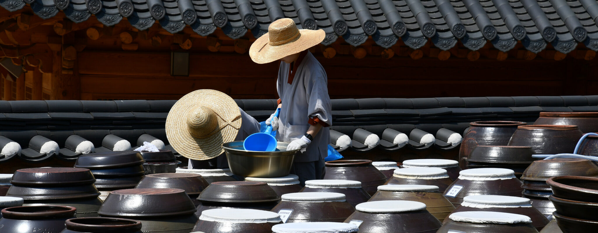 Two people wearing hats in front of traditional clay kimchi fermentation vats