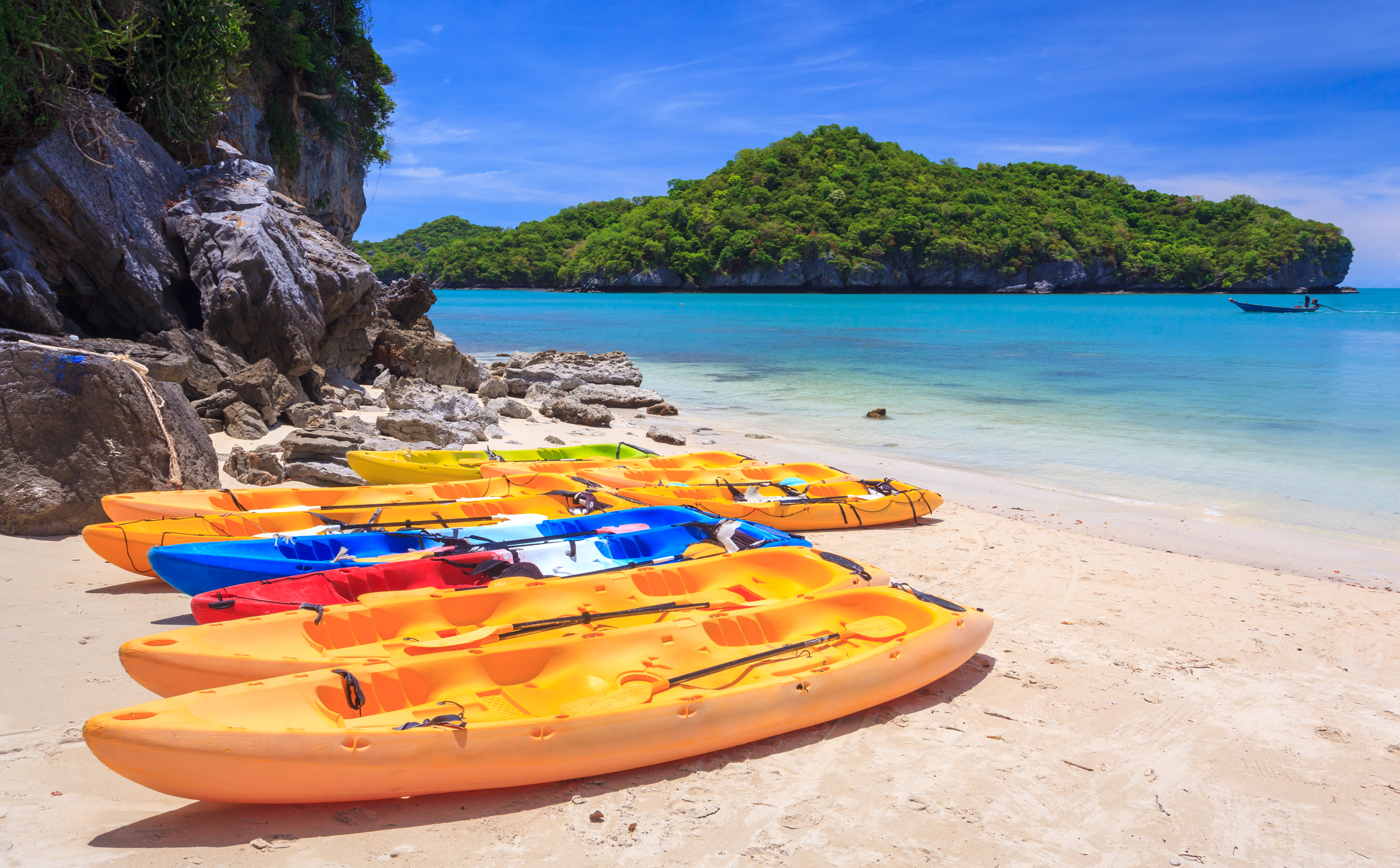 Angthong national marine park_iStock-585282824_lkunl.jpg Kayaks on the beach at Ang Thong Marine Park