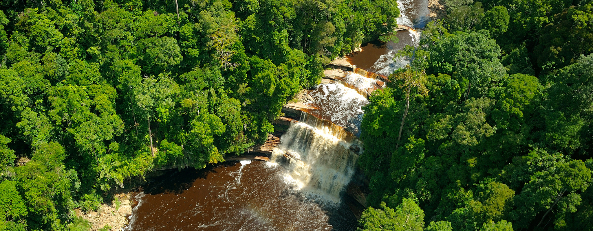 Maliau_Basin_Trekking_Hero Aerial shot of waterfall and small brown lake surrounded by jungle in the Maliau Basin