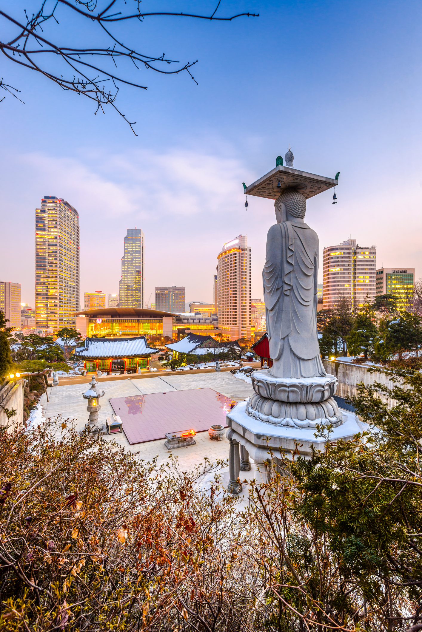 Back view of Buddha statue at Bongeunsa Temple with Seoul skyline in background