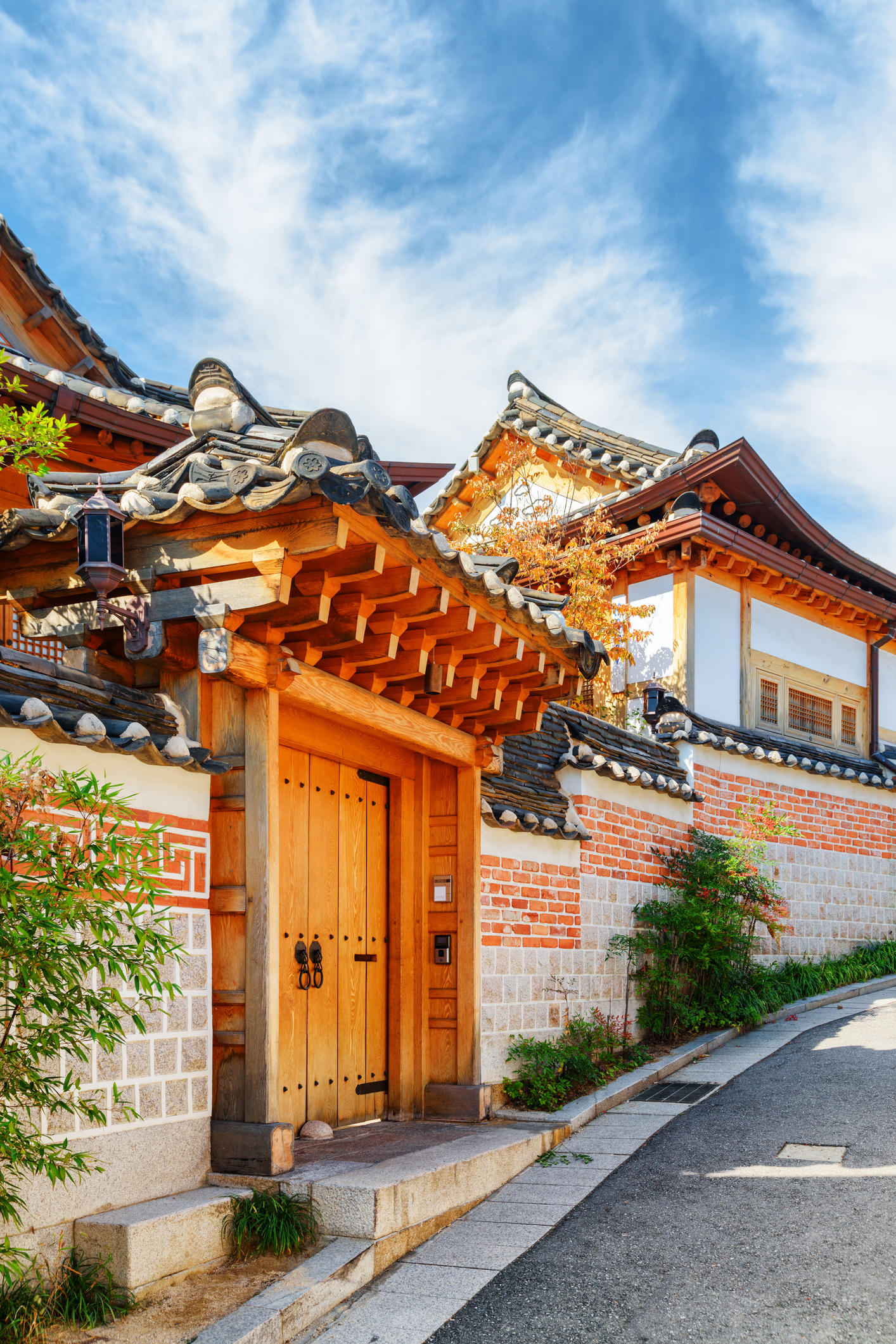 Wooden door entrance to traditional Korean Hanok house