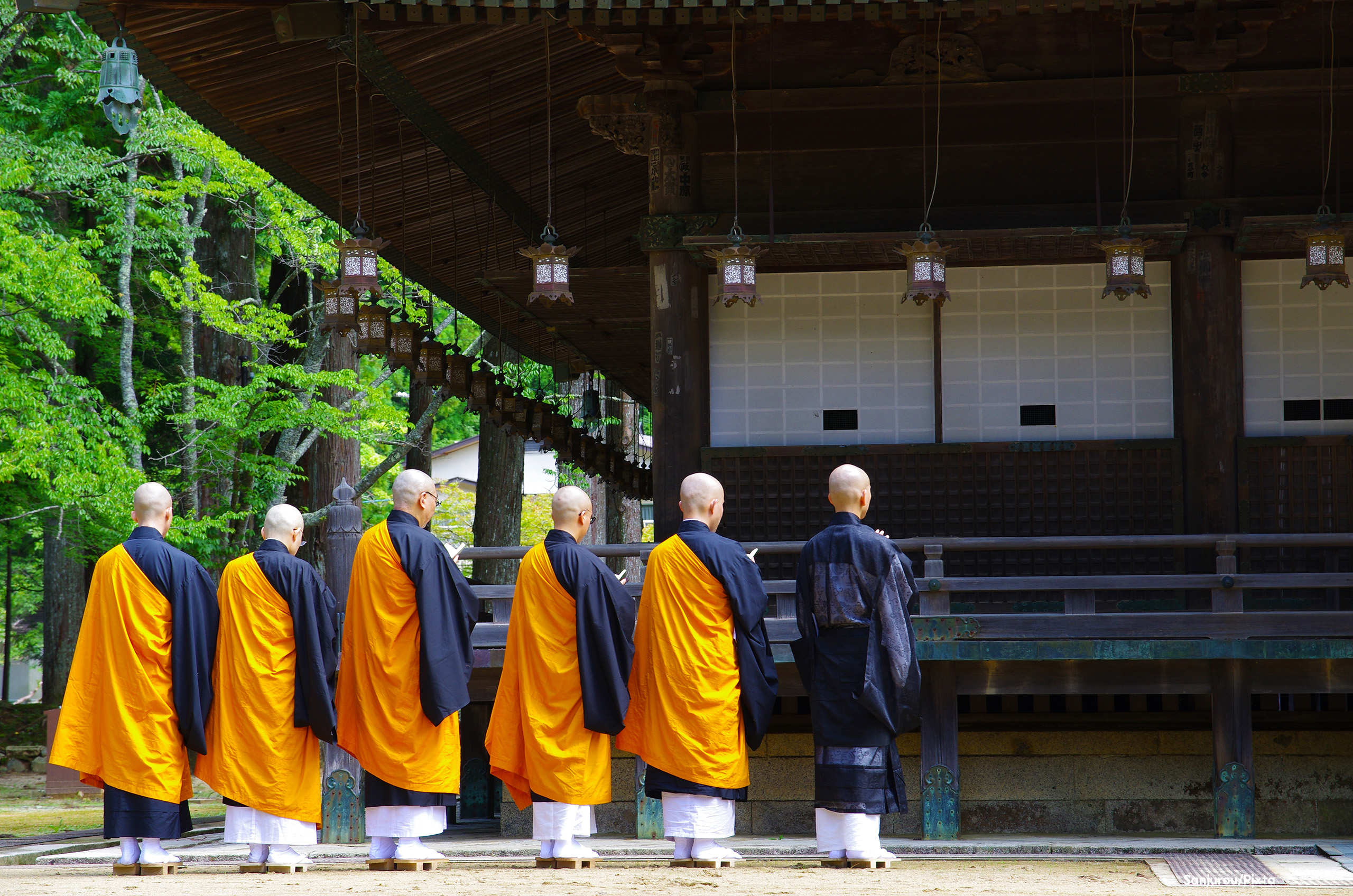 EXCR hero - temple stay1 Sanjurou Pixta.jpg Monks in orange robes lined up to pray outside wooden temple