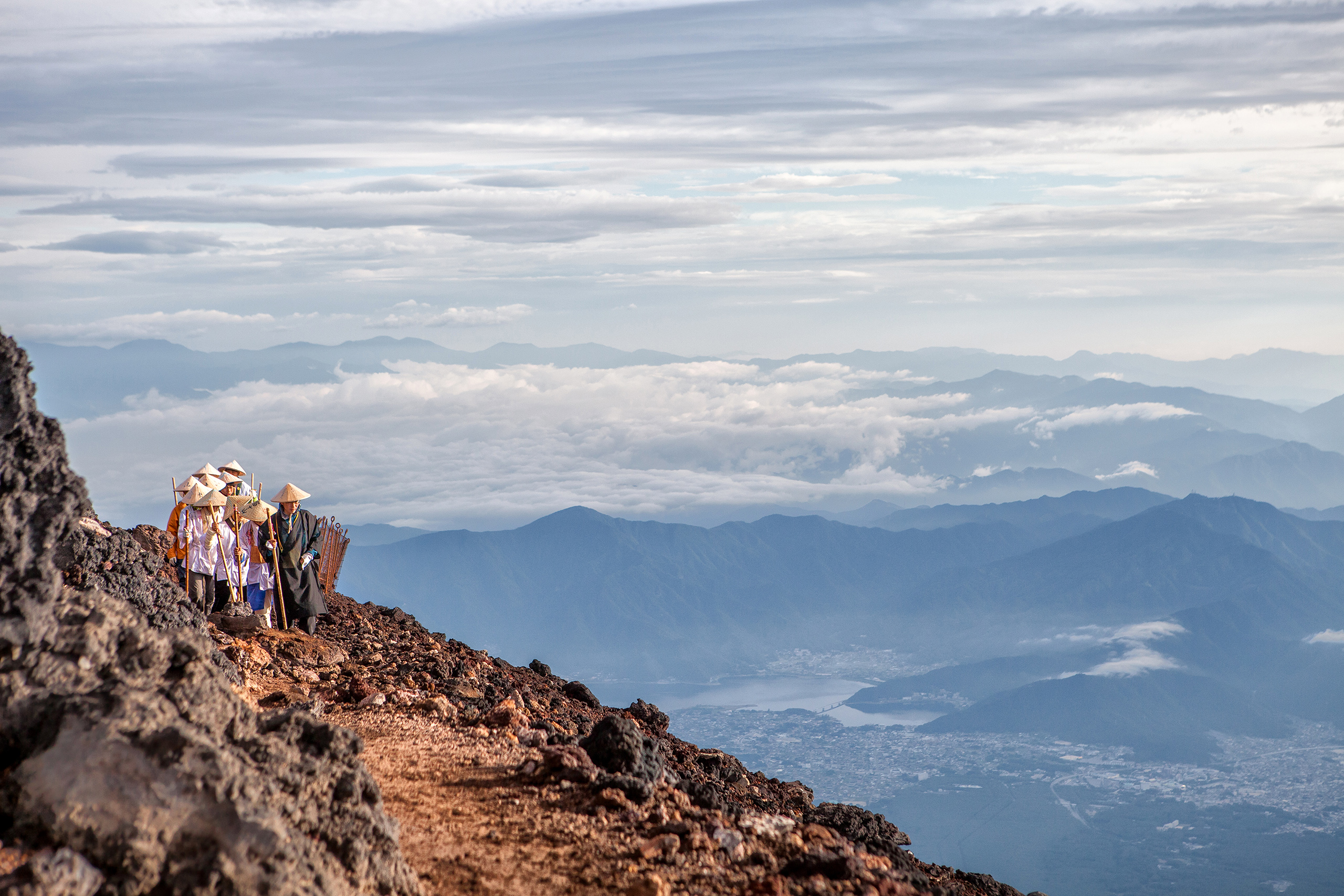 Pilgrims walking on Mount Fuji