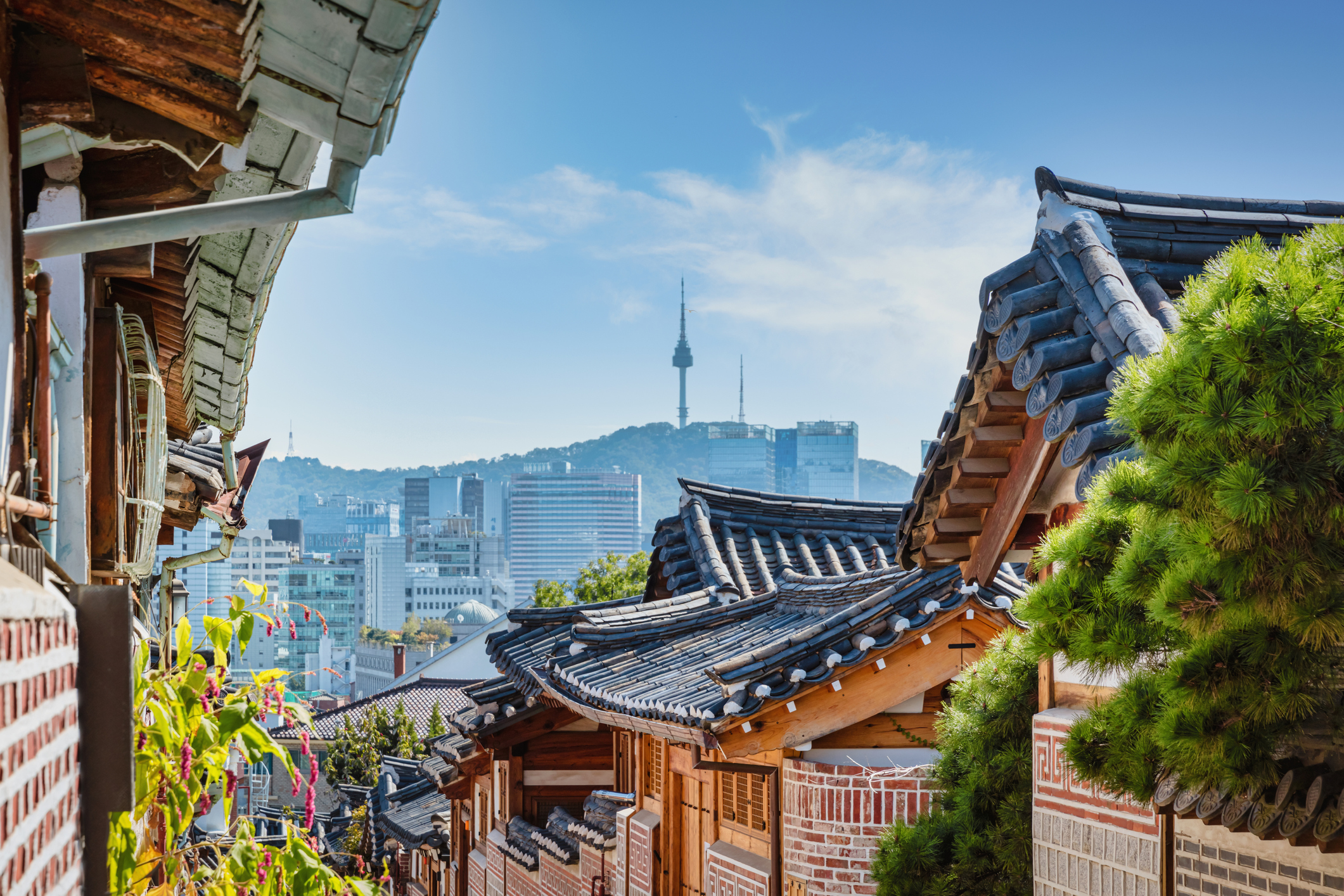 Seoul-Bukchon-Hanok-Village_iStock-Mlenny.jpg View down a street in Bukchon Hanok Village with Seoul skyline in the background