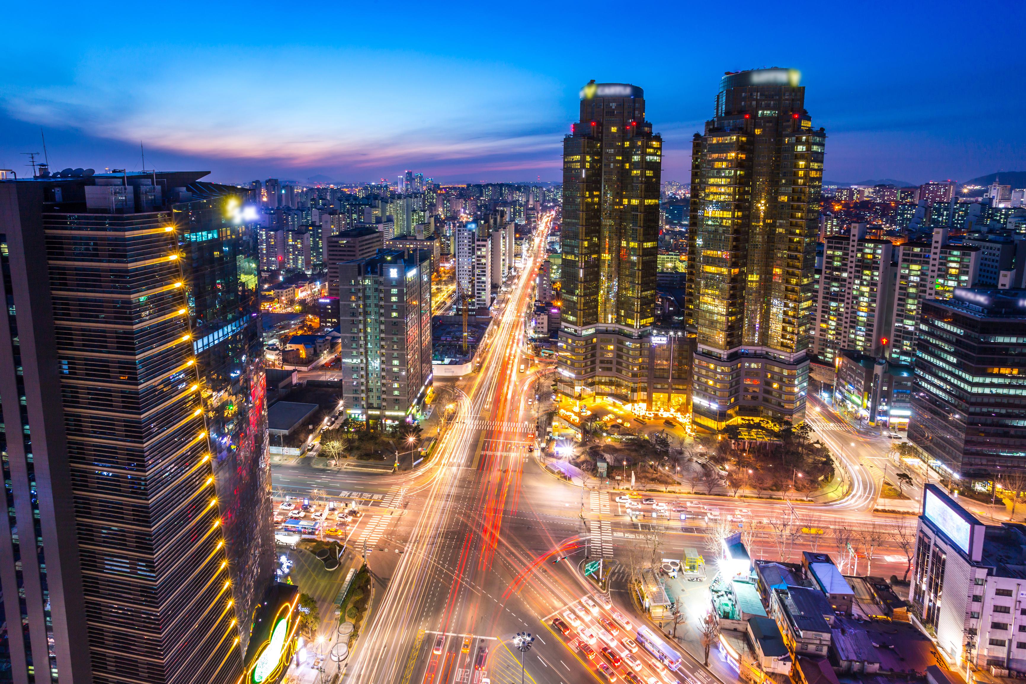 Panoramic view of Seoul downtown with illuminated skyscrapers