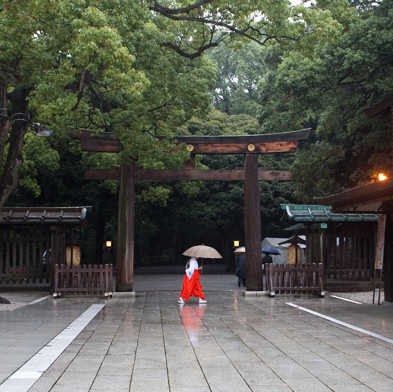 Tokyo - Japan- Meiji shrine.jpg Person walking past Meiji Shrine in the rain