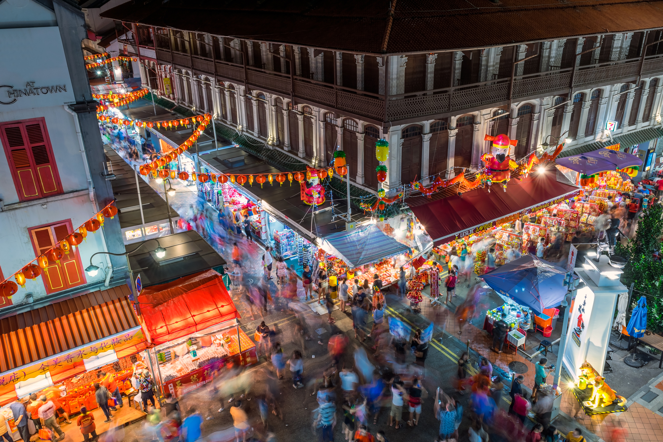 PLACE HERO_Chinatown, Singapore_iStock-911450864_AhLamb.jpg Aerial view of streets and shopfronts in Chinatown