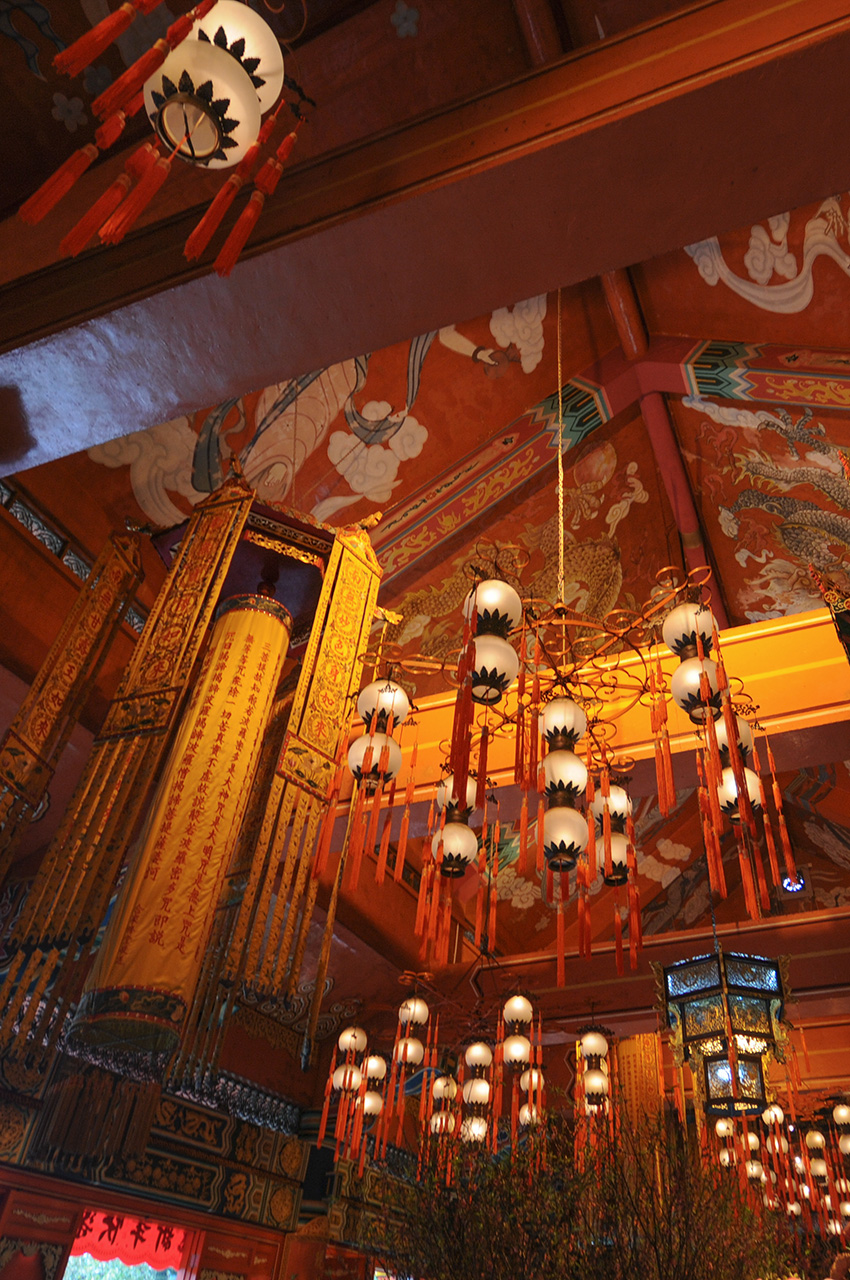 Lantau Island - Po Lin Monastery.jpg Lanterns inside red room in monastery