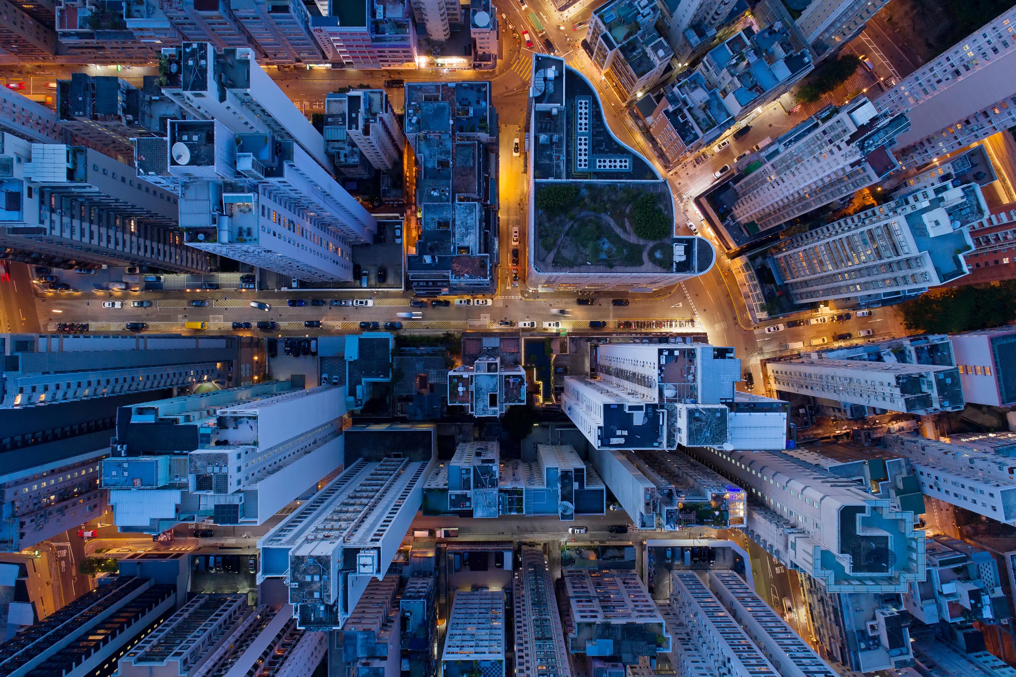 Looking down at the top of skyscrapers in Hong Kong