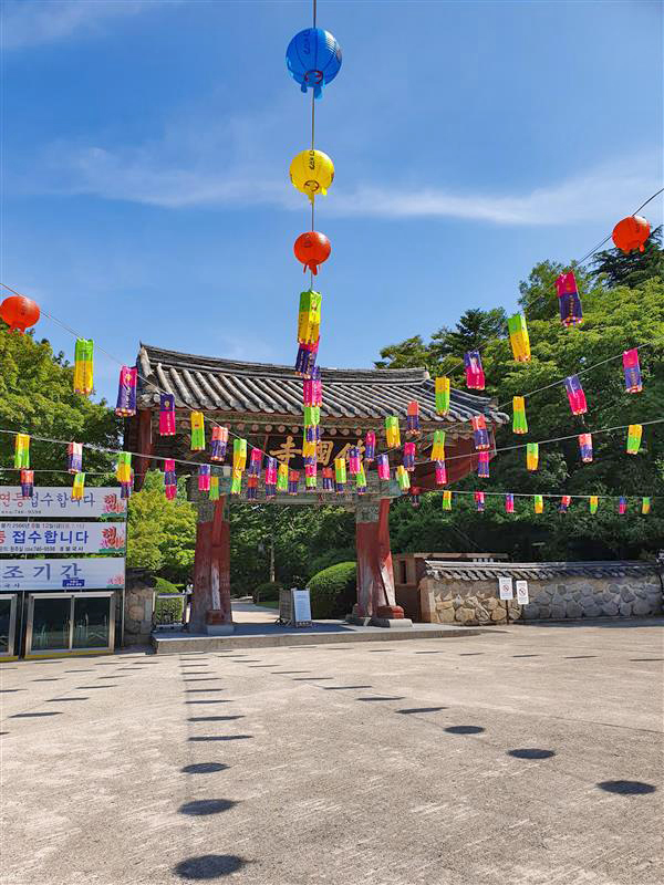 ESK Gyeongju Temple Complex Colorful temple entrance with festive paper lanterns hanging from wires in Gyeongju, South Korea