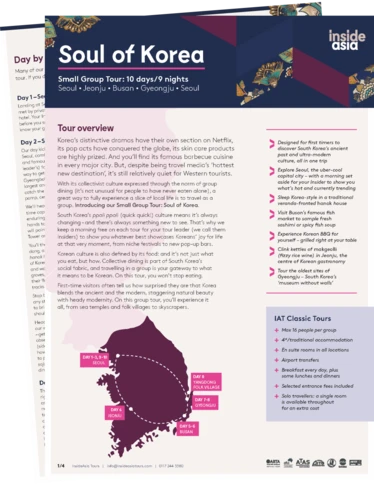 Cover page for the 'Soul of Korea' small group tour dossier, highlighting the destinations with a brief overview