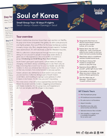 Cover page for the 'Soul of Korea' small group tour dossier, highlighting the destinations with a brief overview