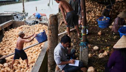 Men in Con Dao sorting coconuts