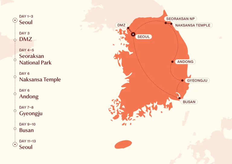 Map showing Best of South Korea itinerary route