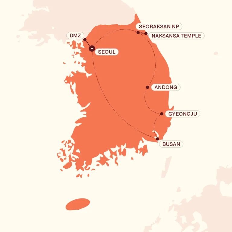 Map showing Best of South Korea itinerary route