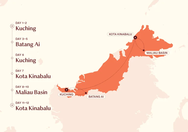 Map showing Borneo Uncovered itinerary route 