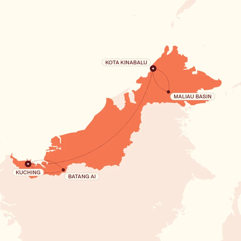 Map showing Borneo Uncovered itinerary route 