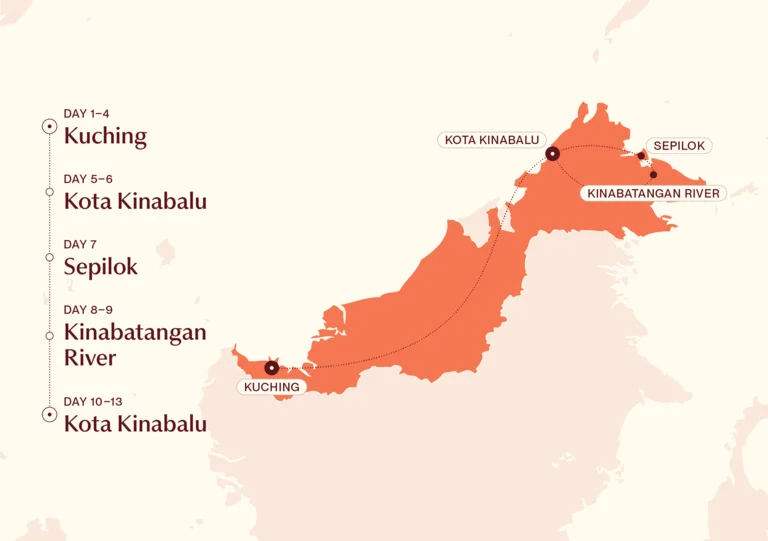 Map showing Borneo Family Adventure itinerary route 