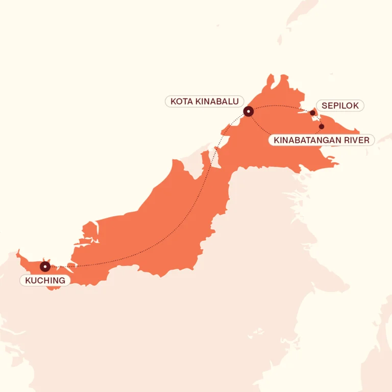 Map showing Borneo Family Adventure itinerary route 