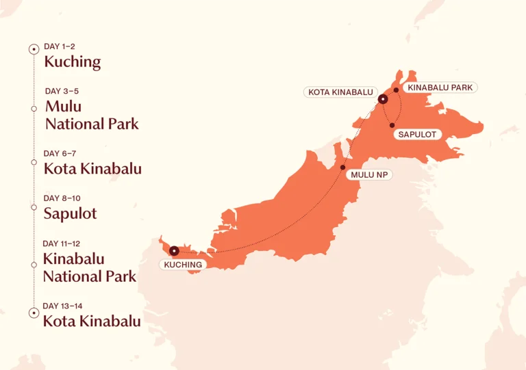 Map showing Borneo to be Wild itinerary route