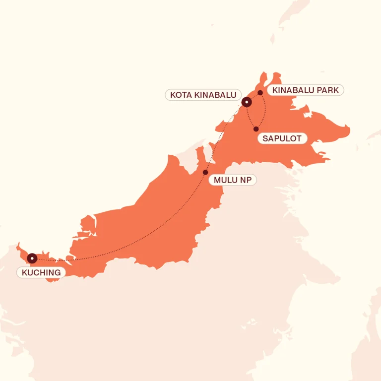 Map showing Borneo to be Wild itinerary route