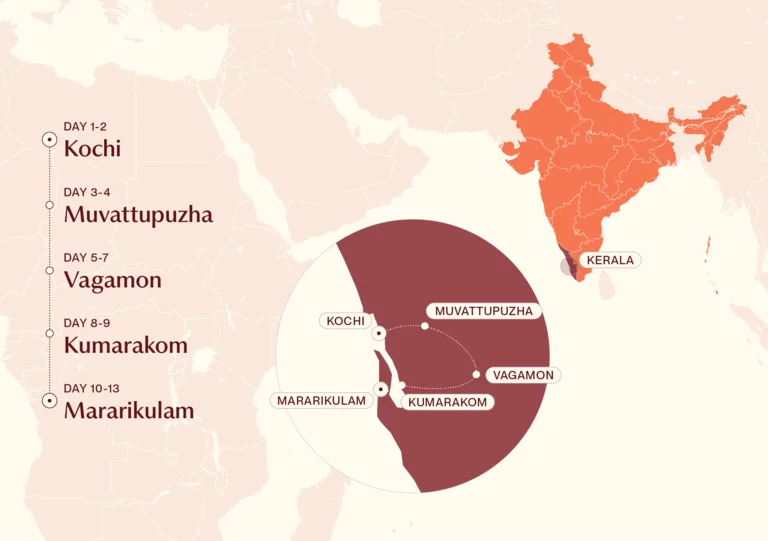 Map showing Classic Kerala itinerary route