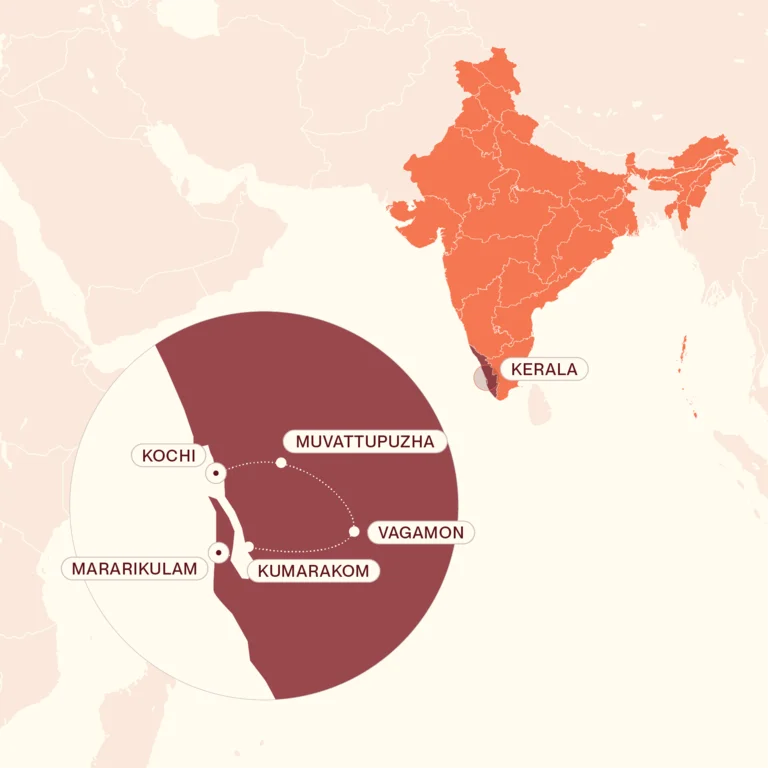 Map showing Classic Kerala itinerary route