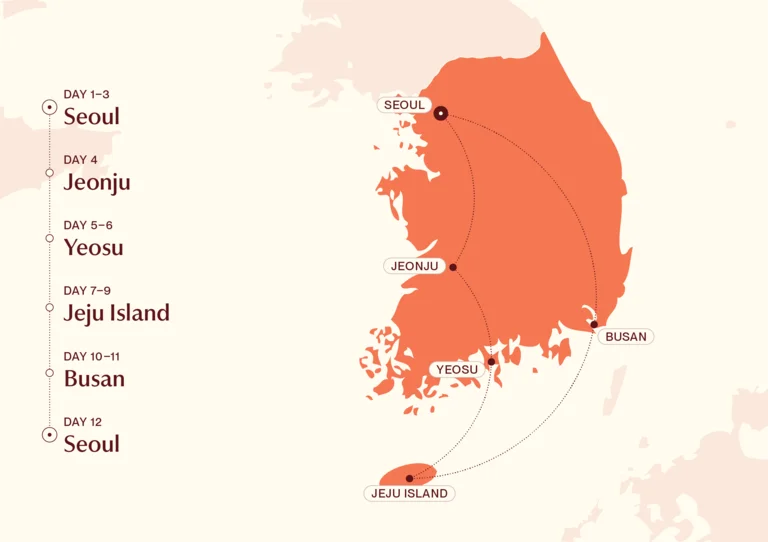 Map showing Culinary Korea itinerary route