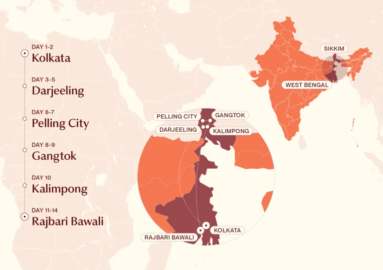 Map showing Eastern Himalayas itinerary route