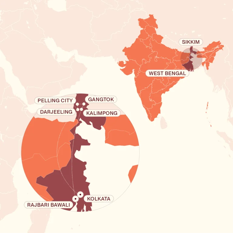 Map showing Eastern Himalayas itinerary route