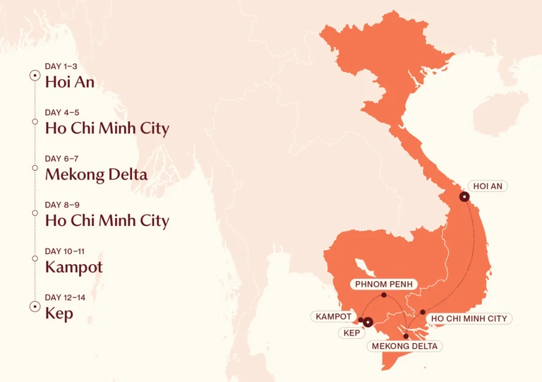 Map showing Family Fun in Vietnam & Cambodia itinerary route 