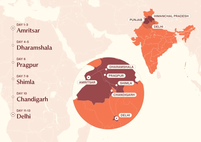 Map showing Foot hills of Himalayas itinerary route