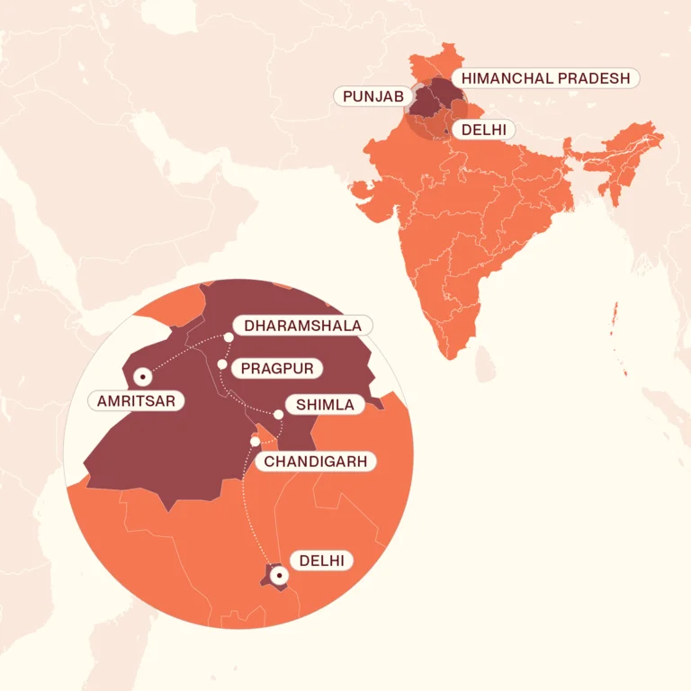 Map showing Foot hills of Himalayas itinerary route