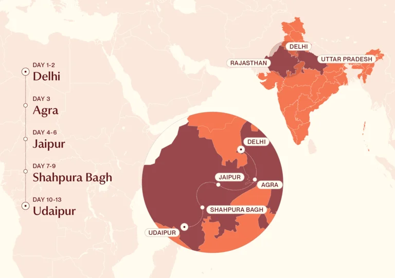 Map showing Golden Triangle & Shahpura itinerary route