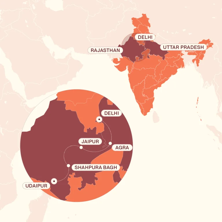 Map showing Golden Triangle & Shahpura itinerary route