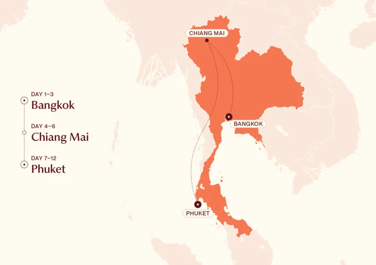 Map showing Highlights of Thailand itinerary route