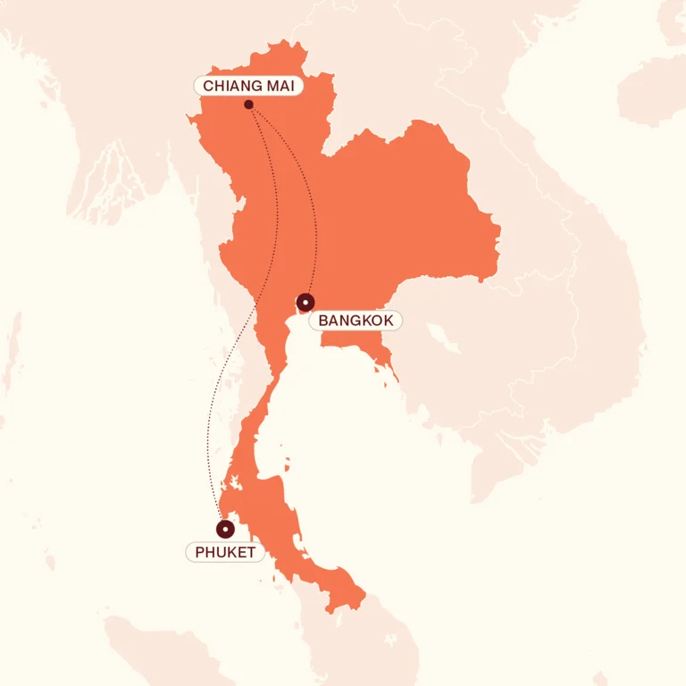 Map showing Highlights of Thailand itinerary route