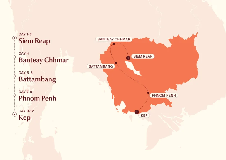 Map showing Into the Heart of Cambodia itinerary route