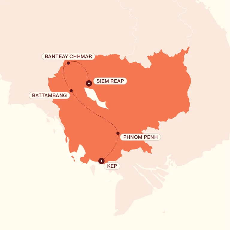 Map showing Into the Heart of Cambodia itinerary route