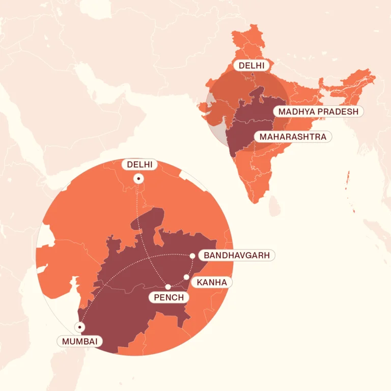 Map showing Jungles, Tigers and Wildlife itinerary route
