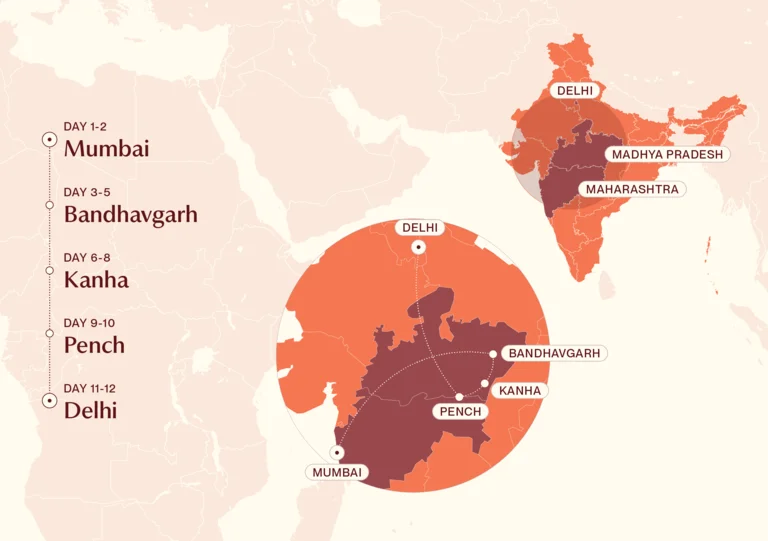 Map showing Jungles, Tigers and Wildlife itinerary route