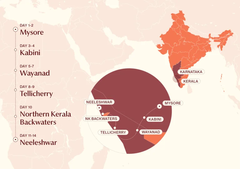 Map showing Northern Kerala Explorer itinerary route