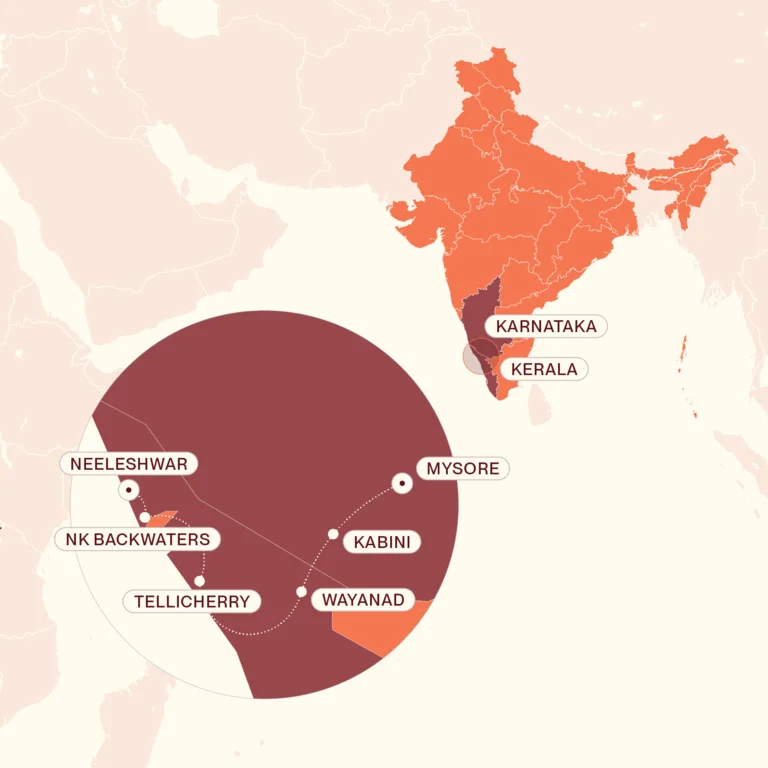 Map showing Northern Kerala Explorer itinerary route